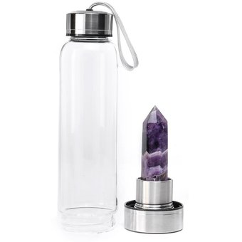 Botella de agua de cristal con piedra preciosa de cuarzo amatista, botellas  de agua con infusión de cristal de borosilicato curativo para el bienestar